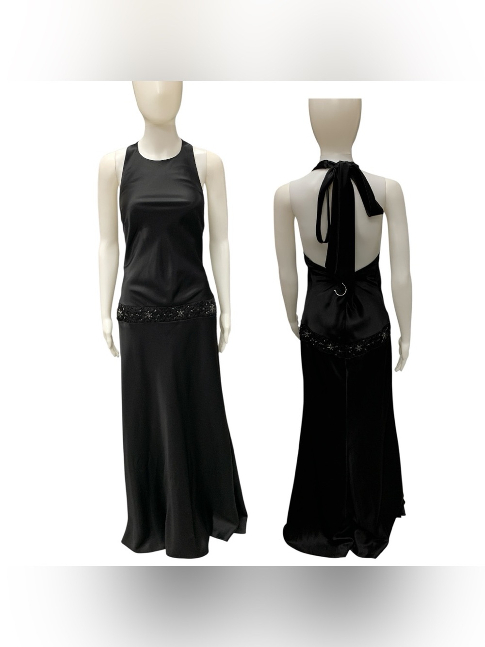 Dessy Collection Black Satin Halter Gown with Beaded Waist Size M